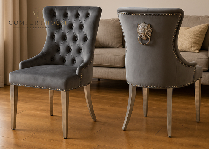 Chelsea 01 Dark Grey Chair (Lion Knocker/Chrome Legs)