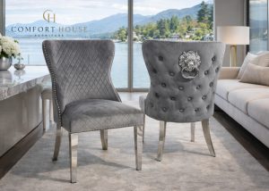 Lewis 01 Plush Dark Grey Chair (Lion Knocker/Chrome Legs)
