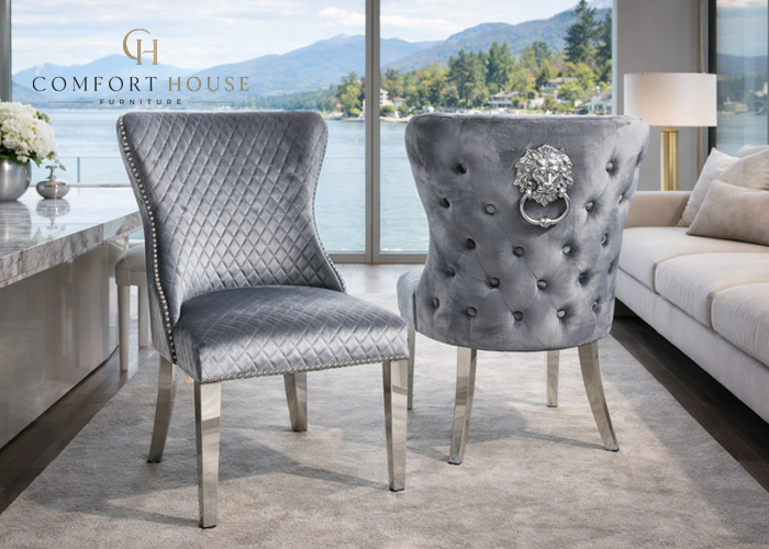 Lewis Light Grey Chair (Lion Knocker/Chrome Legs)