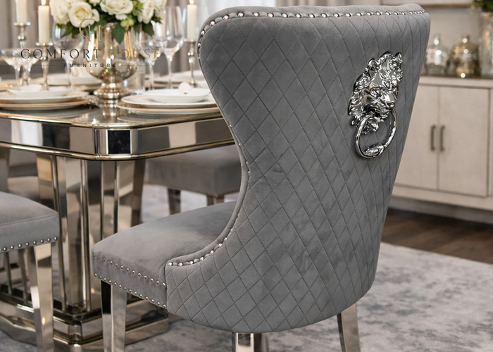 Mayfair Dark Grey Chair (Lion Knocker/Chrome Legs)