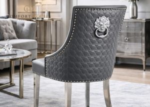 Roma PU Dark Grey Chair (Lion Knocker/Chrome Legs)