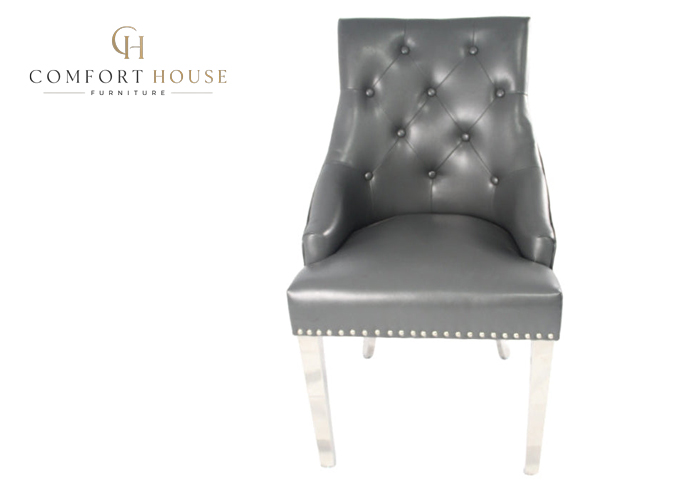 Roma PU Dark Grey Chair (Lion Knocker/Chrome Legs) - Image 2