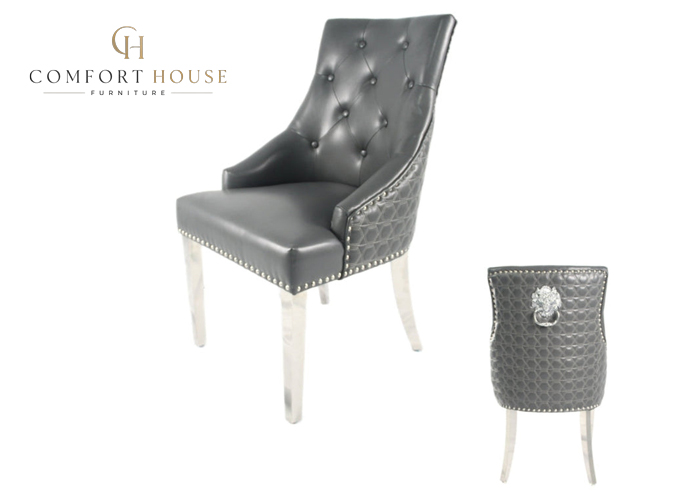 Roma PU Dark Grey Chair (Lion Knocker/Chrome Legs) - Image 4