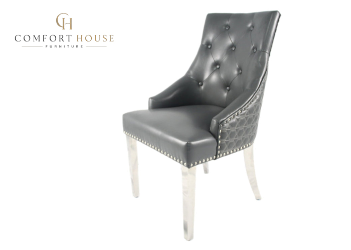 Roma PU Dark Grey Chair (Lion Knocker/Chrome Legs) - Image 5