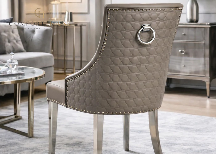 Roma PU Light Grey Chair (Ring Knocker/Chrome Legs)