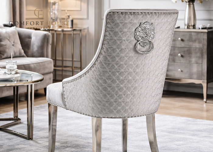 Roma Silver Grey Chair (Lion Knocker/Chrome Legs)